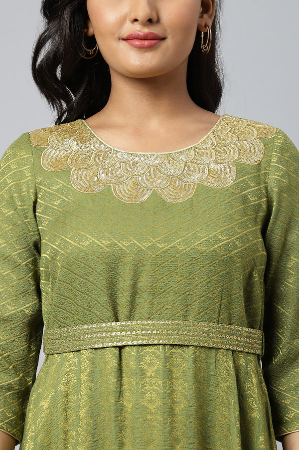 Green Zari Embroidered & Sequined Dobby Kurta
