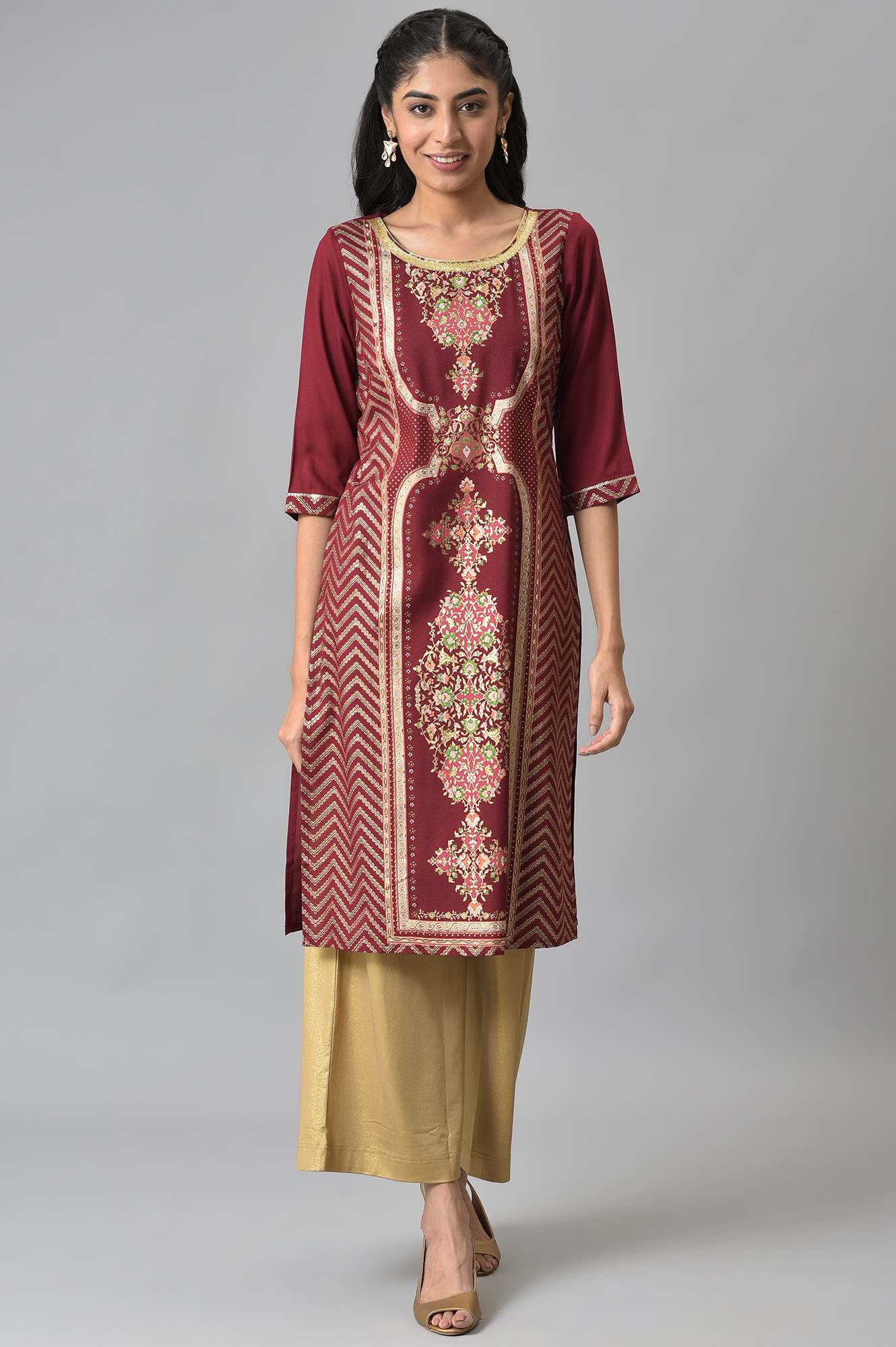 Maroon Floral Printed Sequined Ethnic LIVA kurta