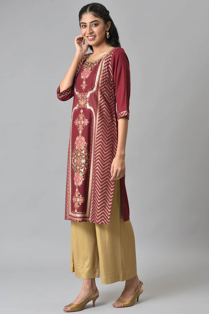 Maroon Floral Printed Sequined Ethnic LIVA kurta