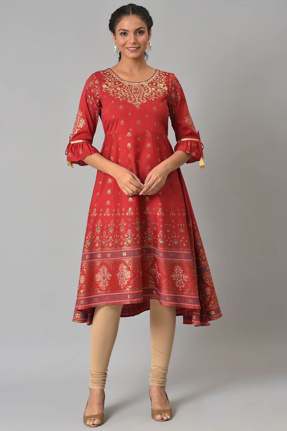 Red Embroidered Ethnic Kurta - XS