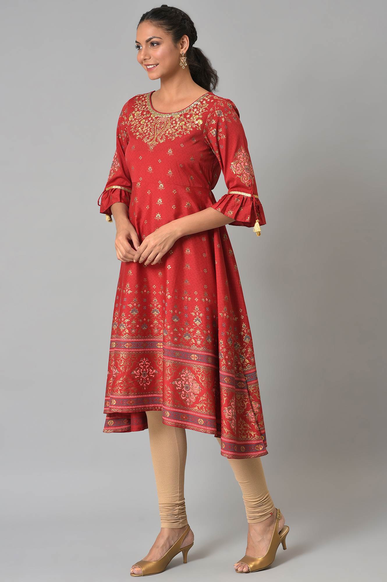 Red Embroidered Ethnic Kurta