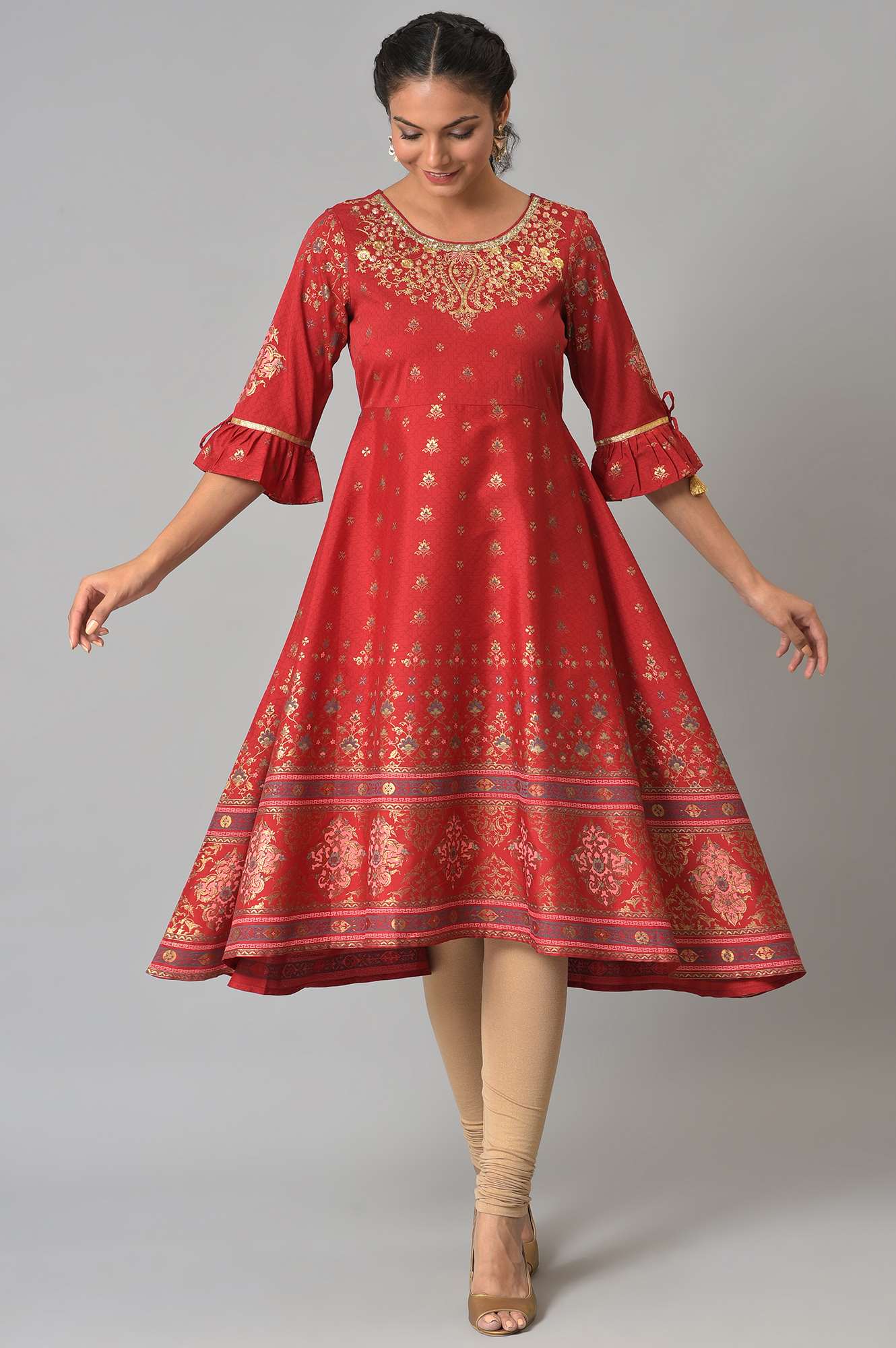 Red Embroidered Ethnic Kurta