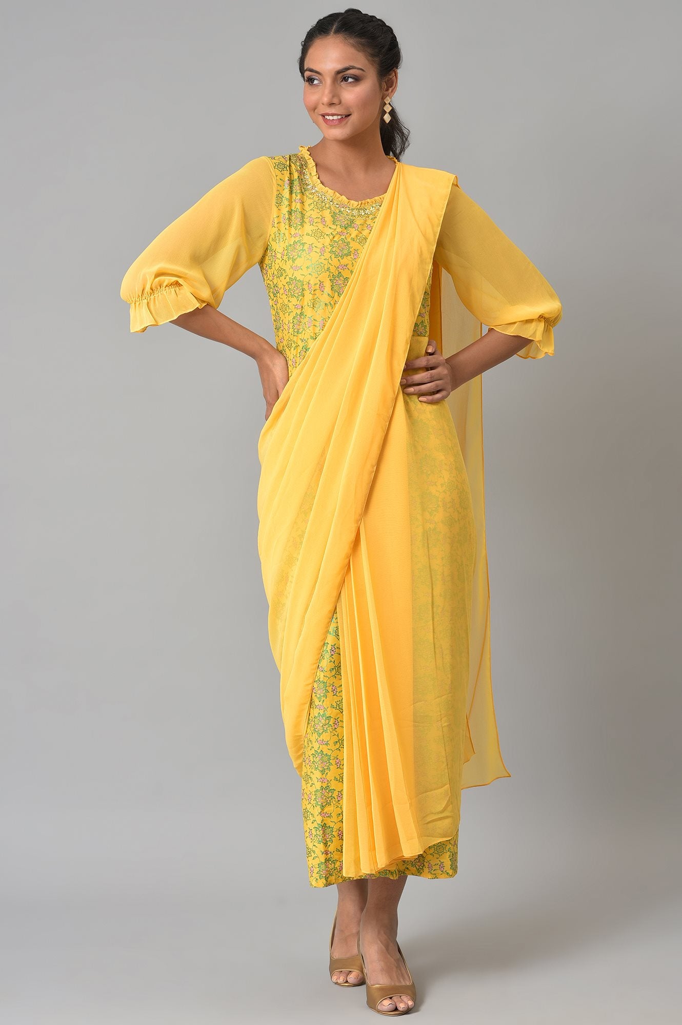 Buy Yellow Saree Dress With Georgette Puffy Sleeves Online for Woman
