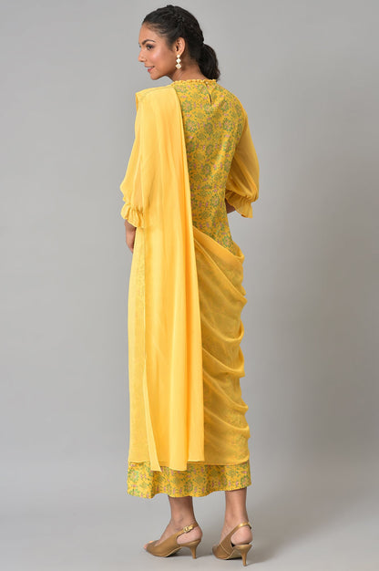 Yellow Saree Dress With Georgette Puffy Sleeves