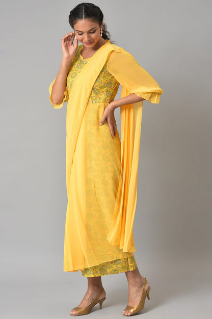 Yellow Saree Dress With Georgette Puffy Sleeves