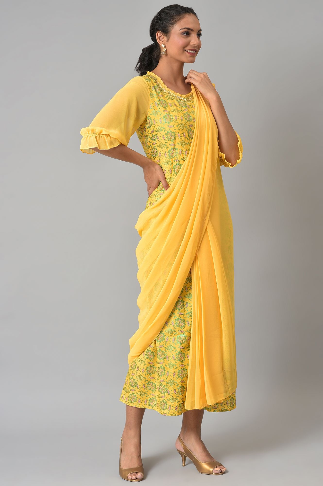 Yellow Saree Dress With Georgette Puffy Sleeves