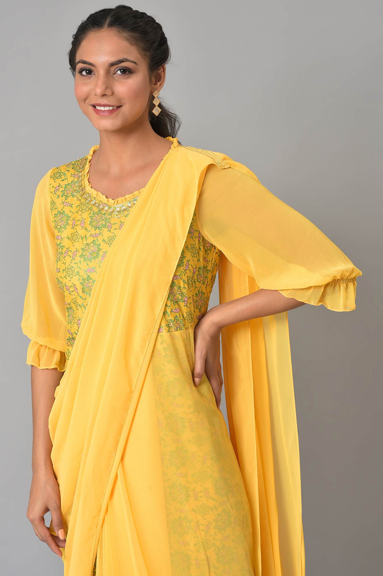 Yellow Saree Dress With Georgette Puffy Sleeves