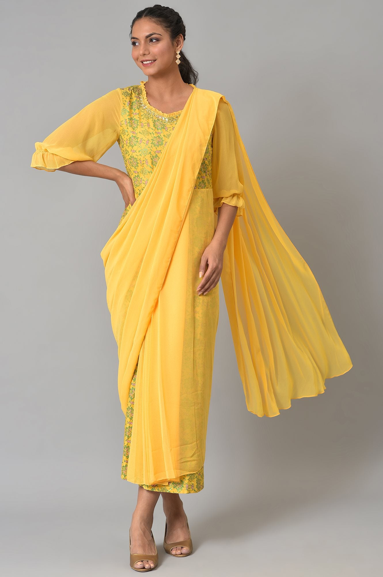 Yellow Saree Dress With Georgette Puffy Sleeves