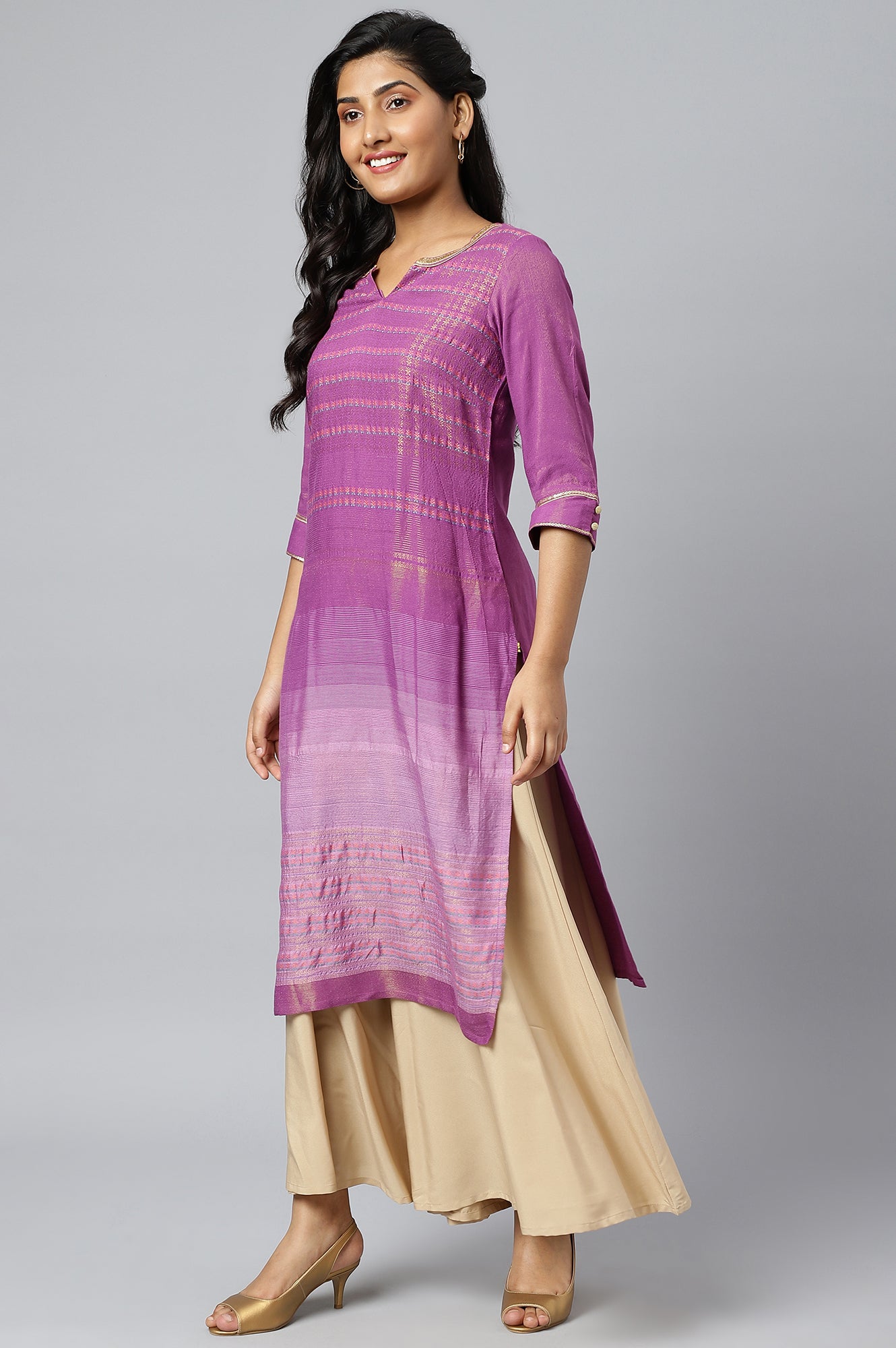 Purple Floral Printed Sequined Ethnic kurta