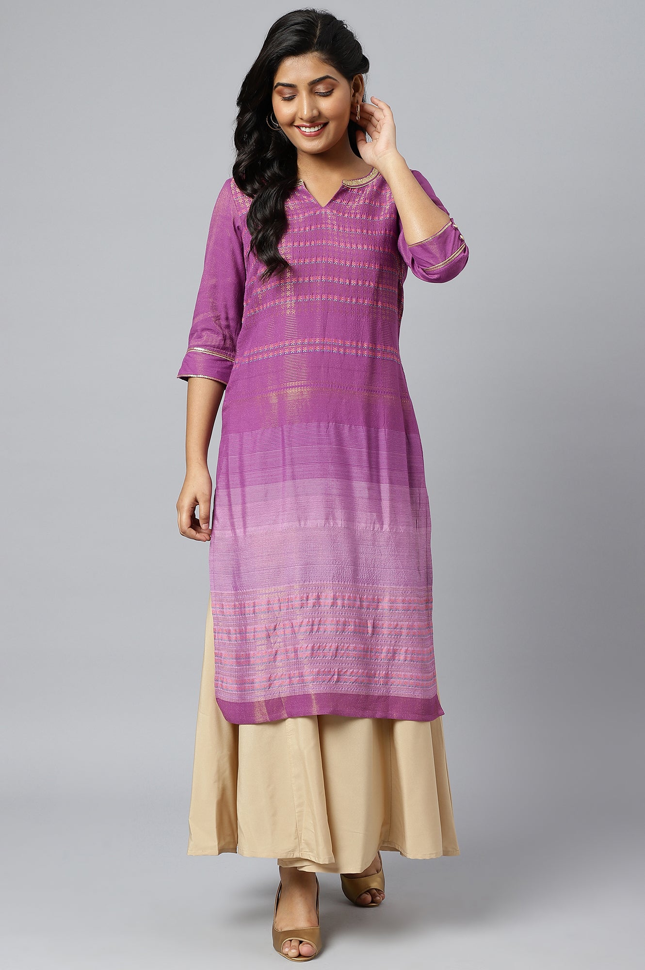 Purple Floral Printed Sequined Ethnic kurta