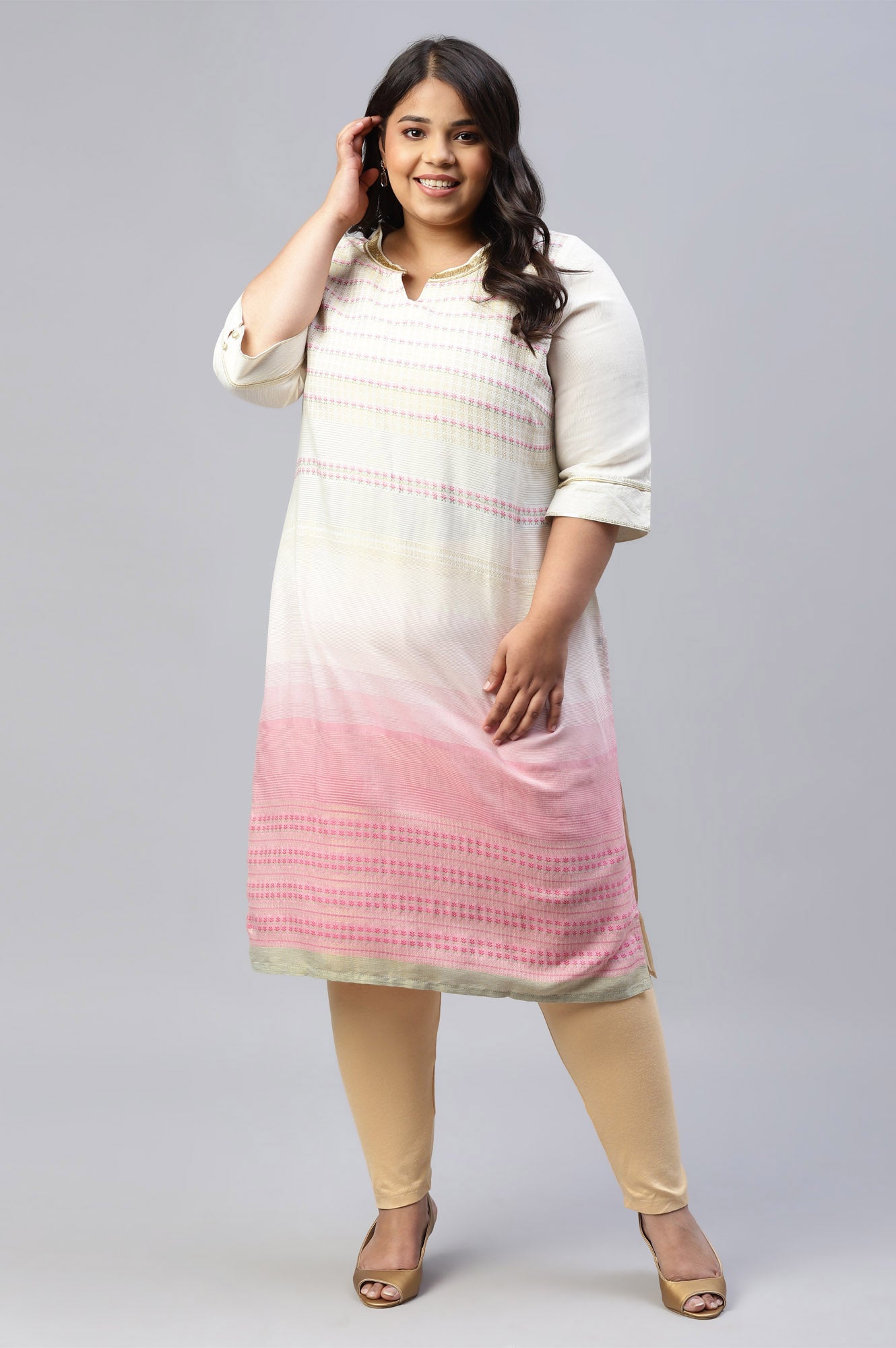 Off White Floral Printed Sequined Ethnic Plus Size kurta