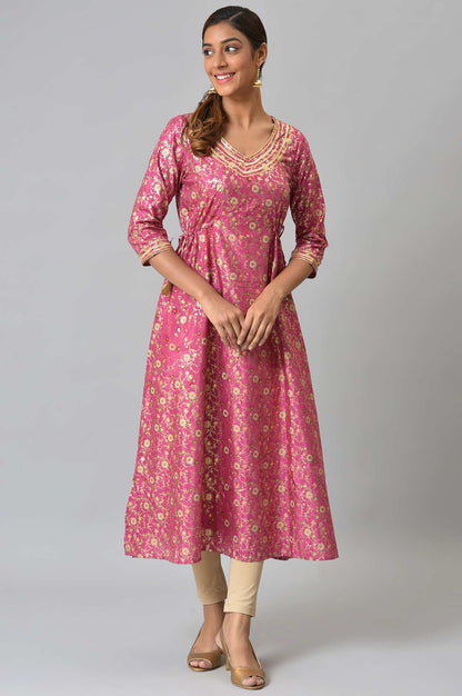 Pink Floral Printed Sequined Ethnic kurta