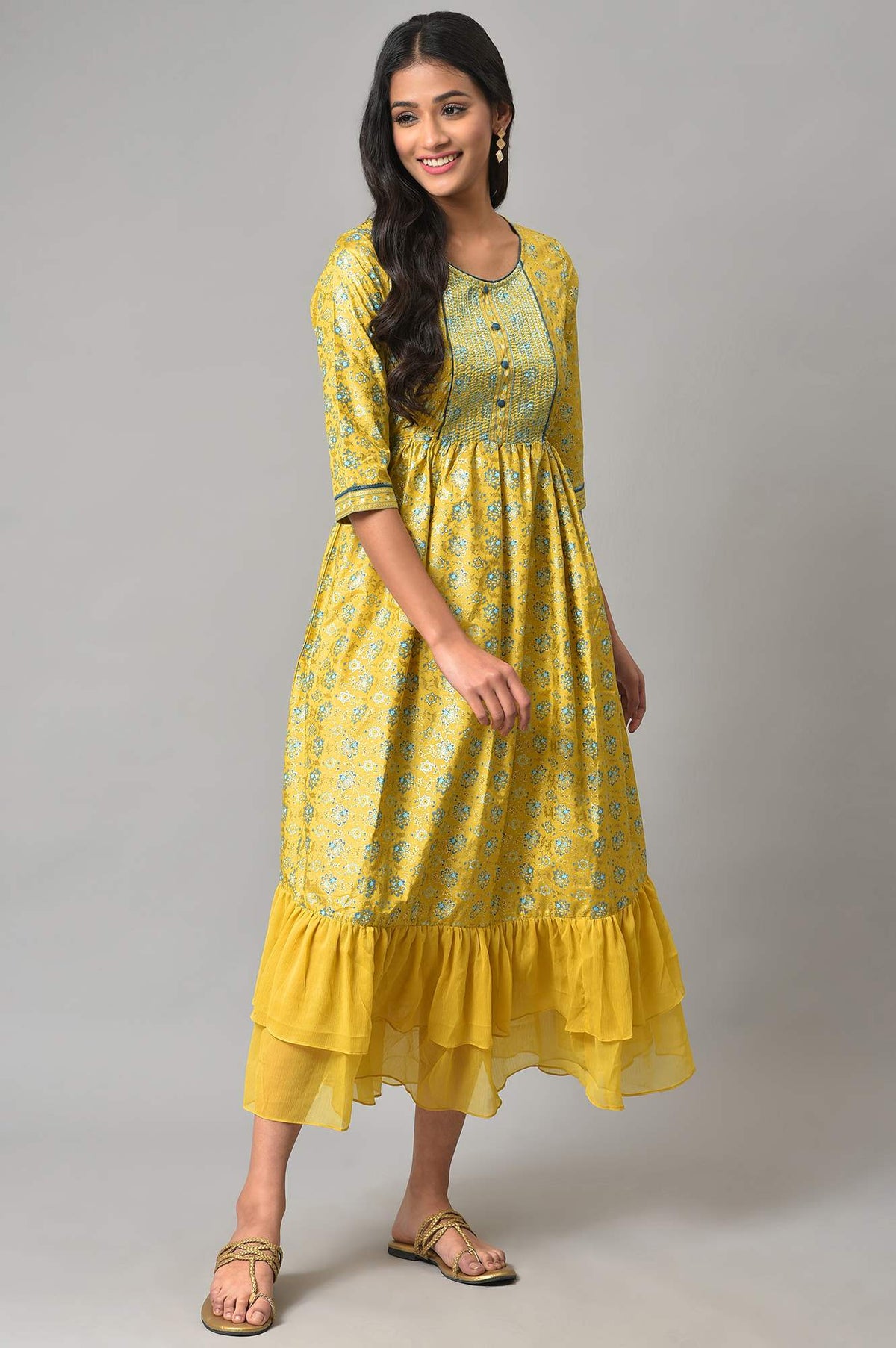 Yellow Festive Dress With Embroidery On Yoke - XS
