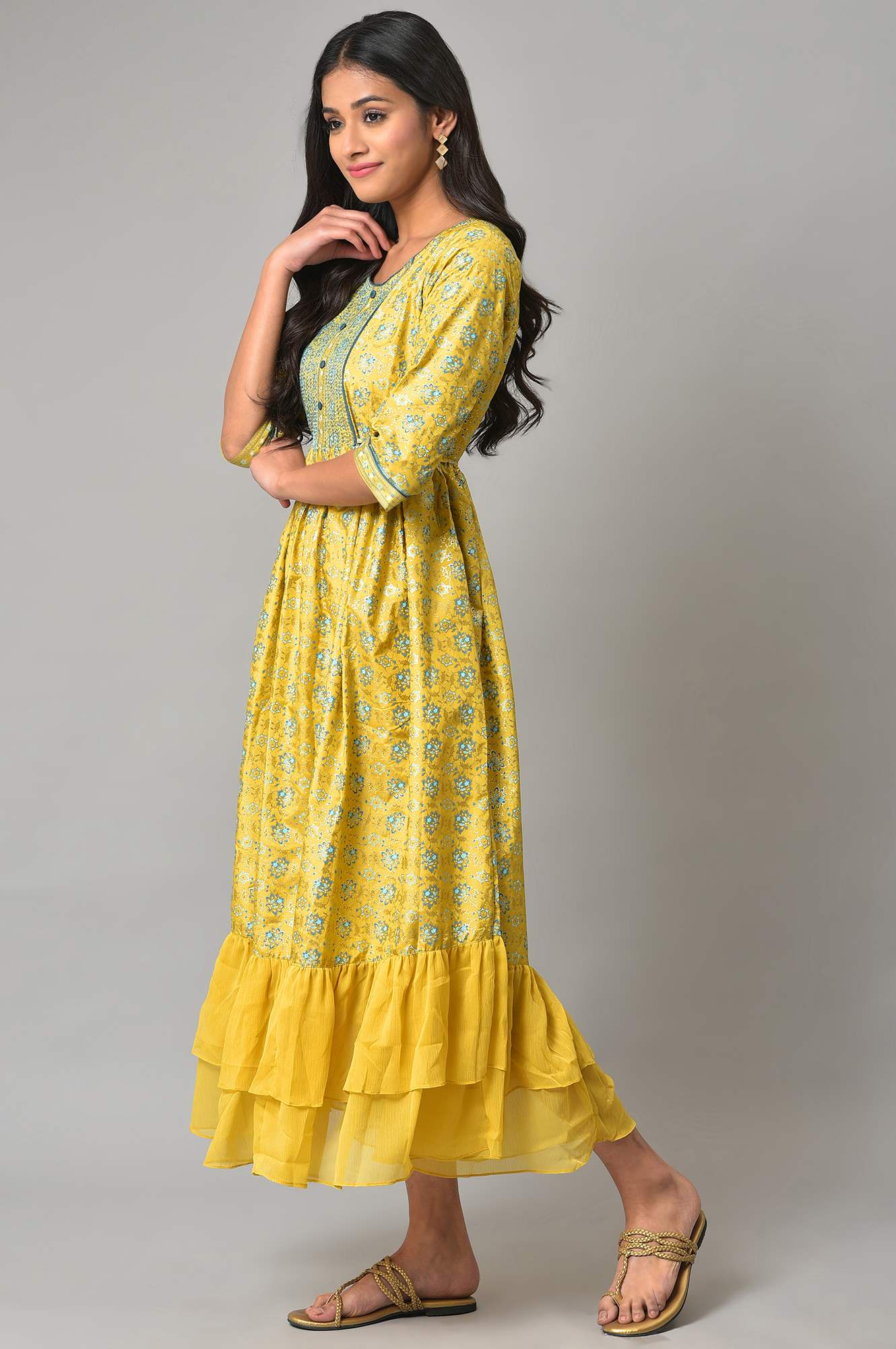 Yellow Festive Dress With Embroidery On Yoke