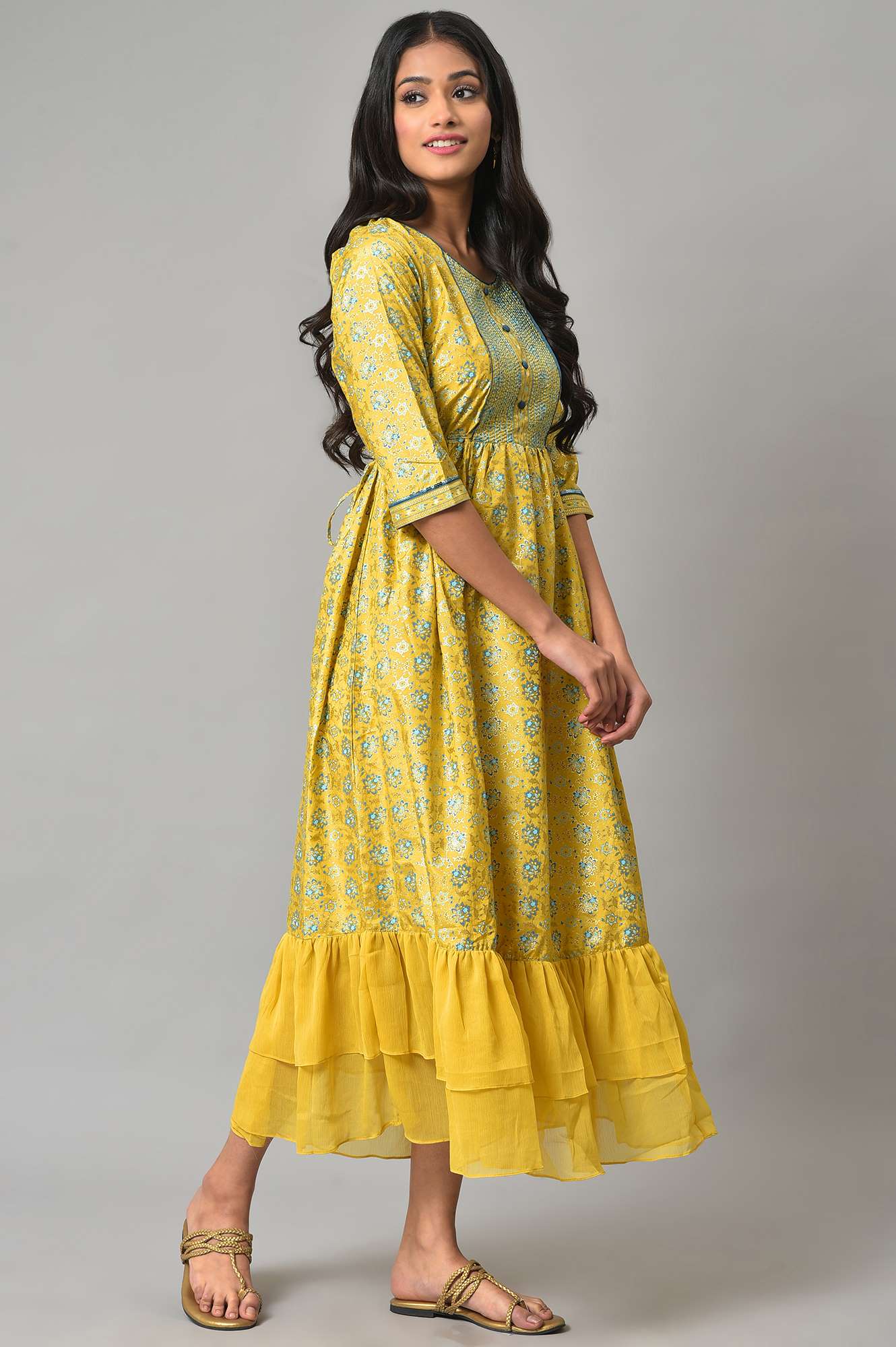 Yellow Festive Dress With Embroidery On Yoke