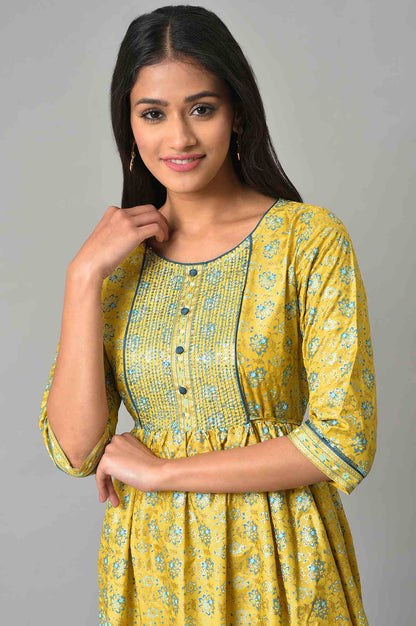 Yellow Festive Dress With Embroidery On Yoke