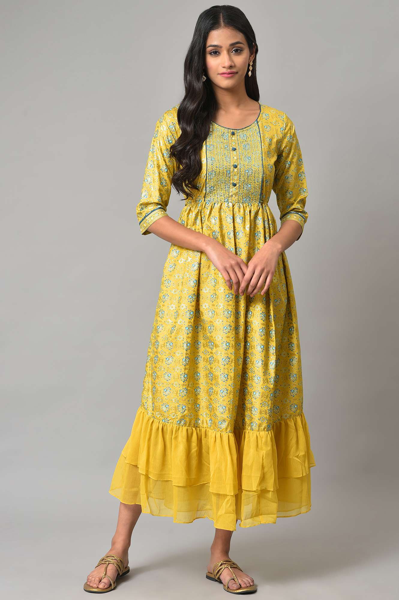 Yellow Festive Dress With Embroidery On Yoke