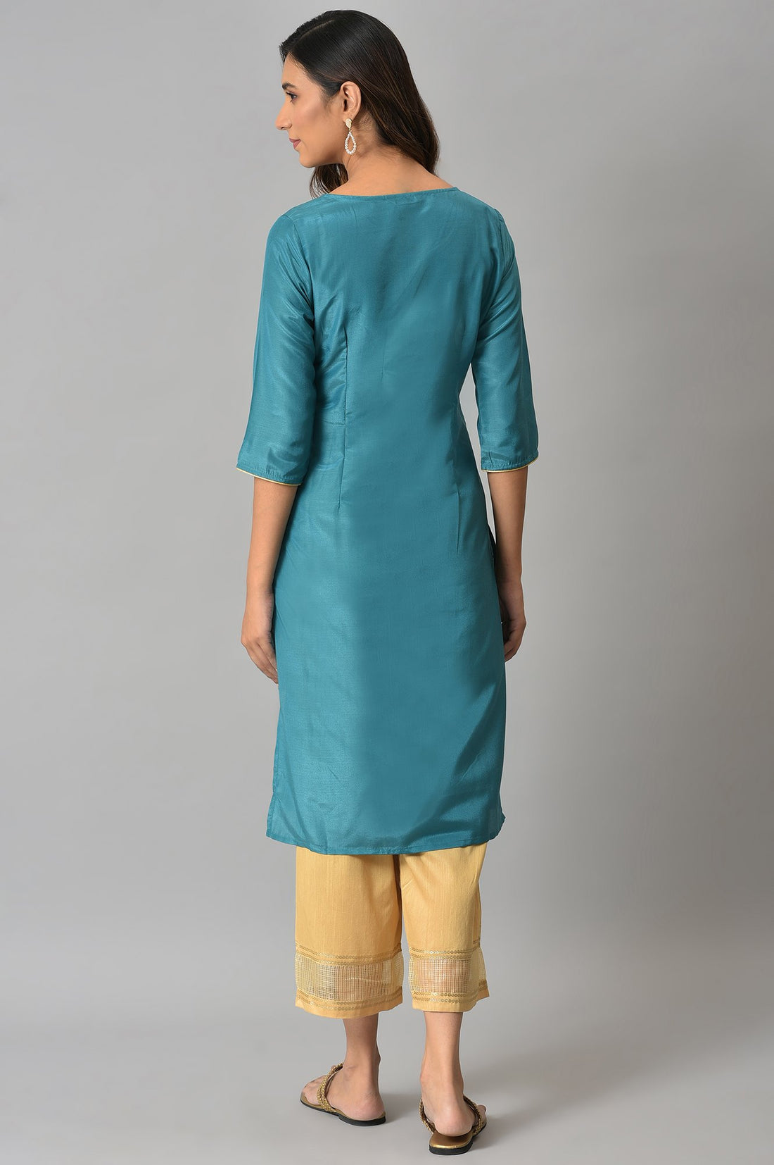 Green Floral Printed Sequined Festive Kurta