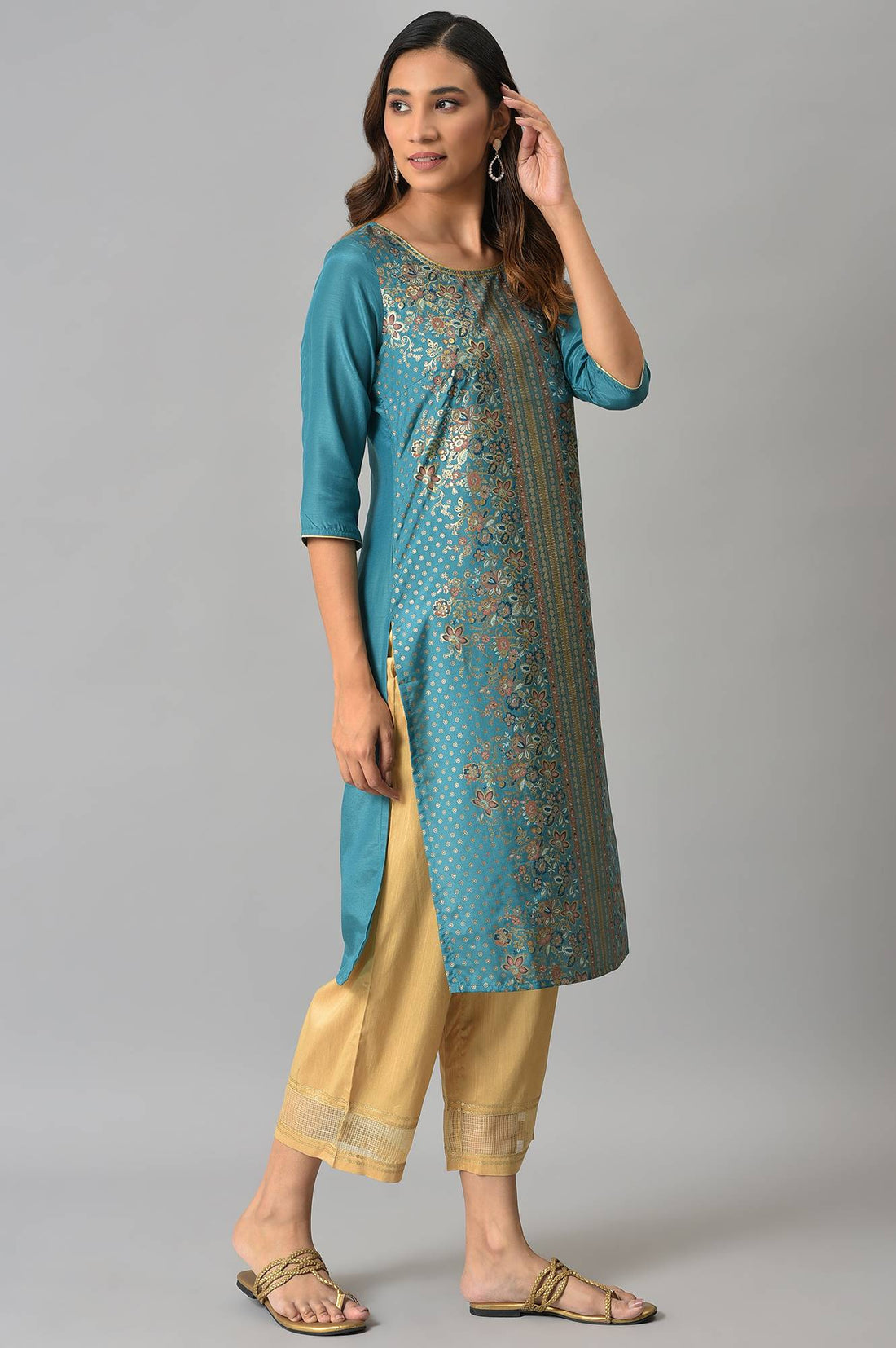 Green Floral Printed Sequined Festive Kurta