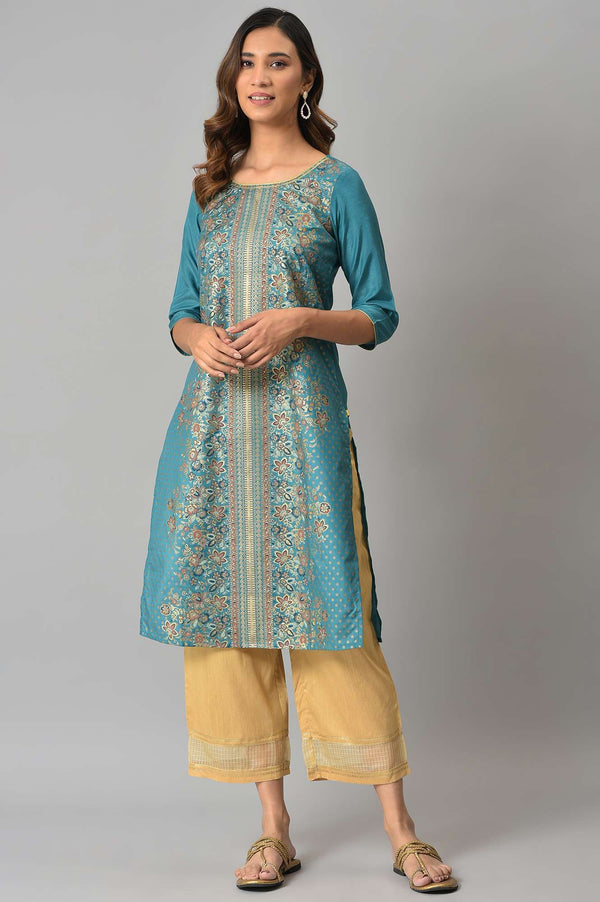 Green Floral Printed Sequined Festive Kurta