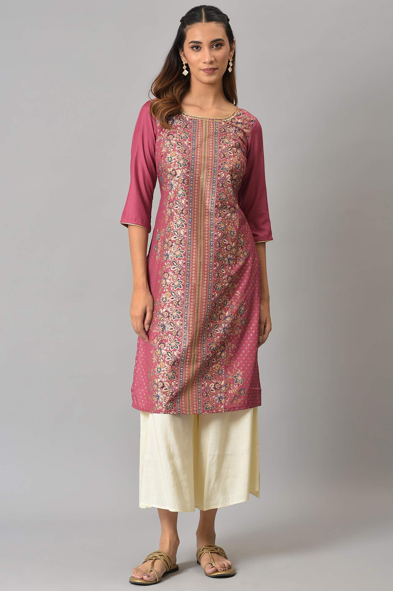 Pink Floral Printed Sequined Ethnic kurta