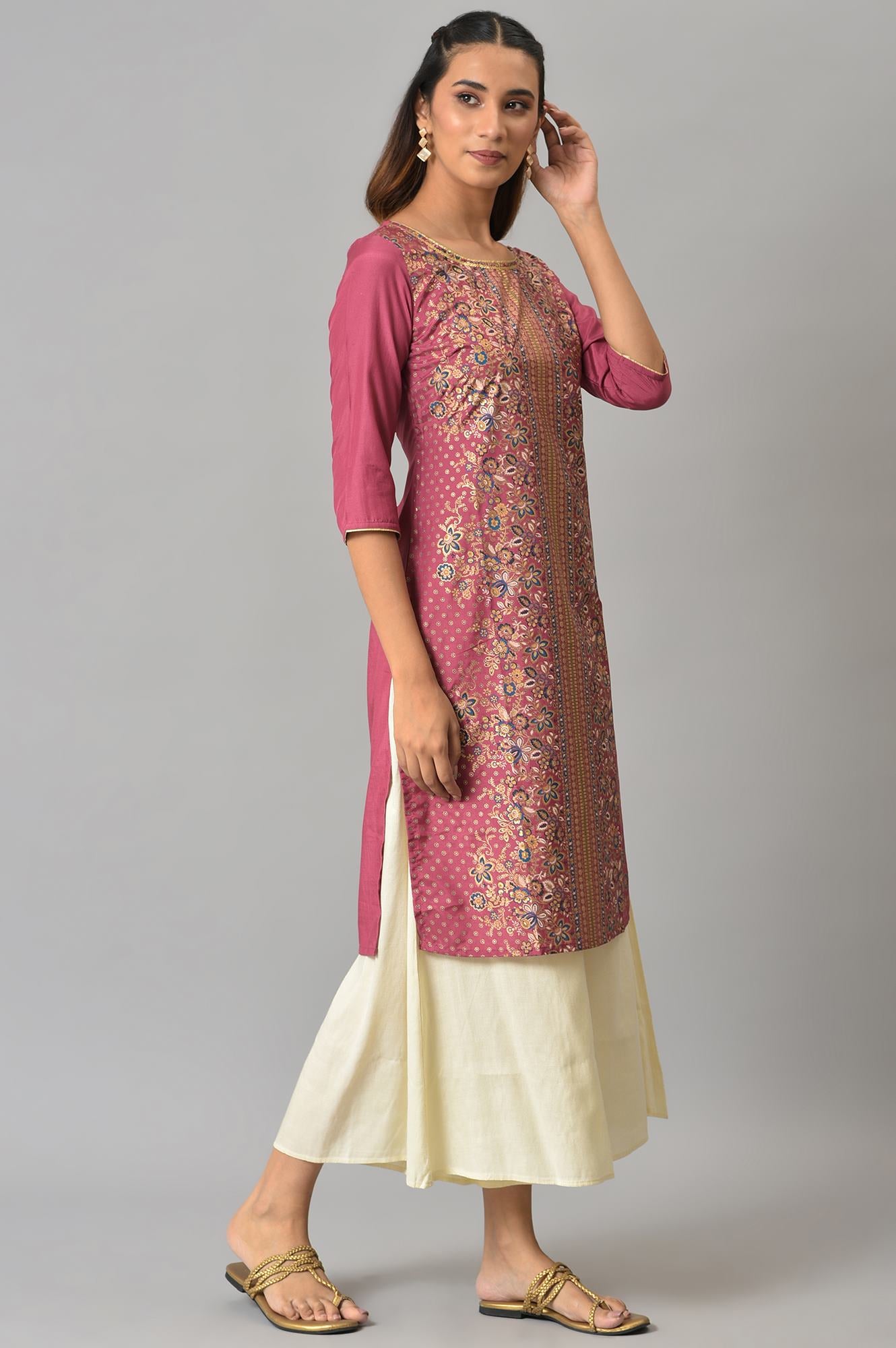 Pink Floral Printed Sequined Ethnic kurta