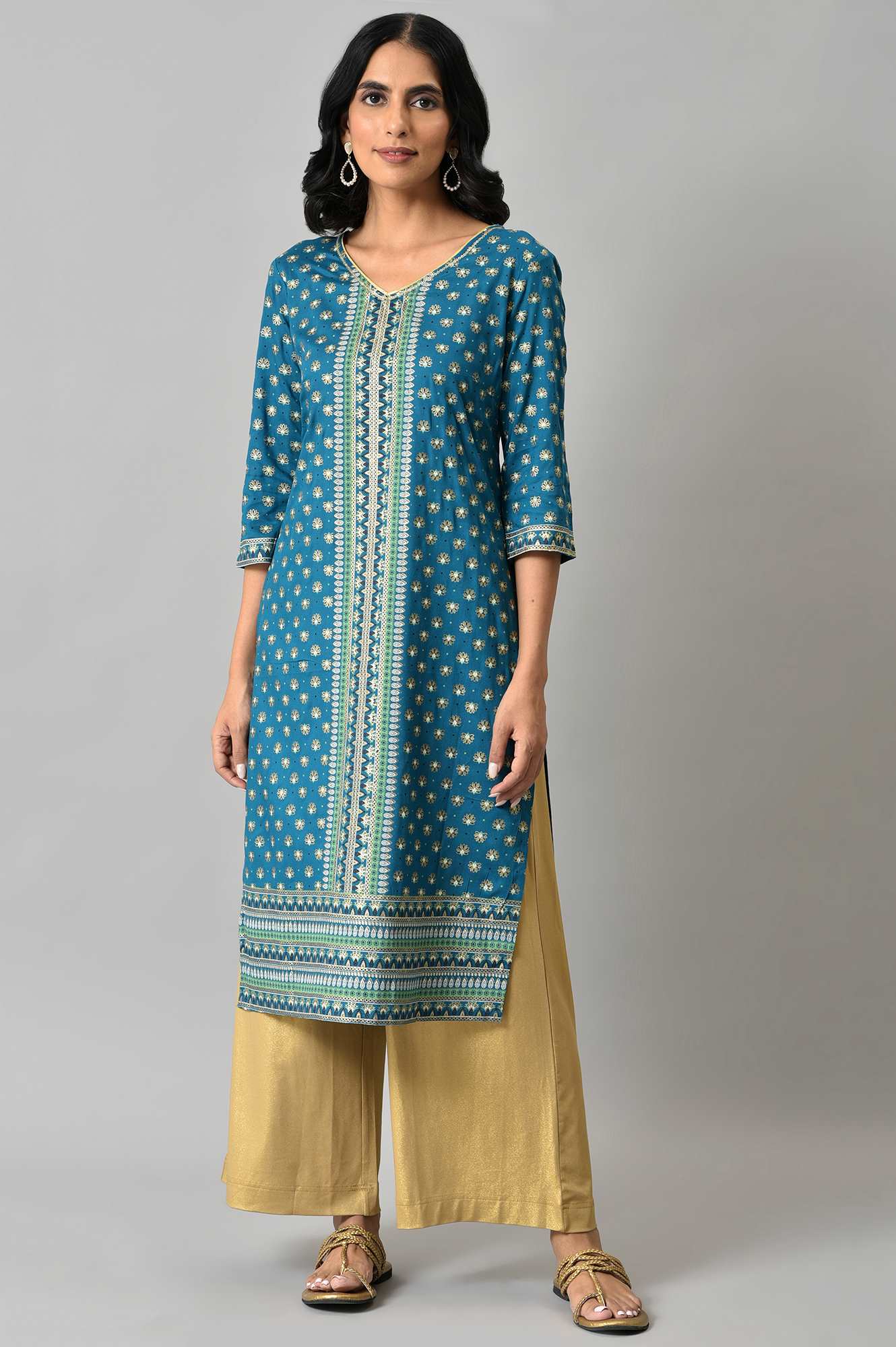 Blue Floral Printed Sequined Ethnic LIVA kurta