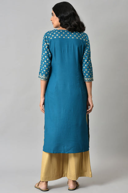 Blue Floral Printed Sequined Ethnic LIVA kurta