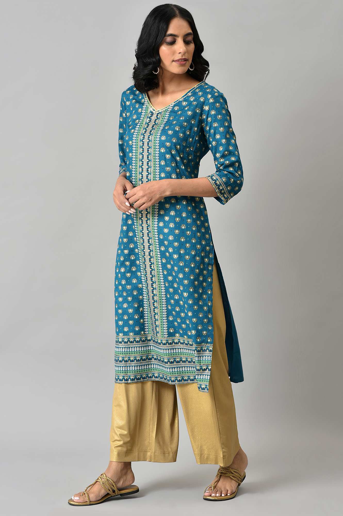 Blue Floral Printed Sequined Ethnic LIVA kurta