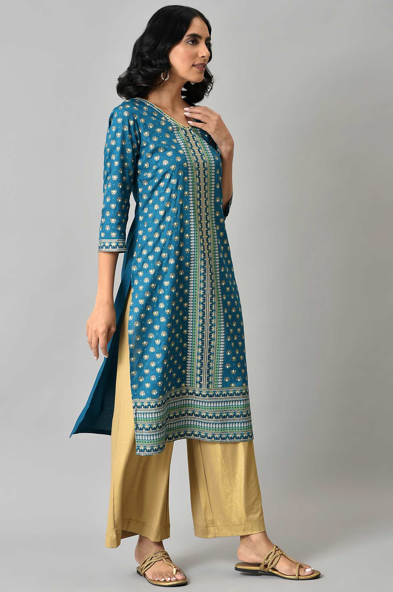 Blue Floral Printed Sequined Ethnic LIVA kurta