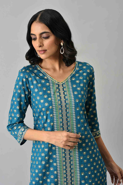 Blue Floral Printed Sequined Ethnic LIVA kurta