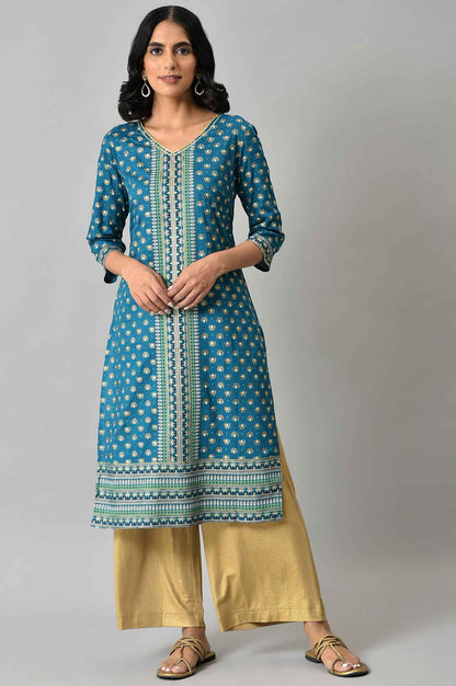 Blue Floral Printed Sequined Ethnic LIVA kurta