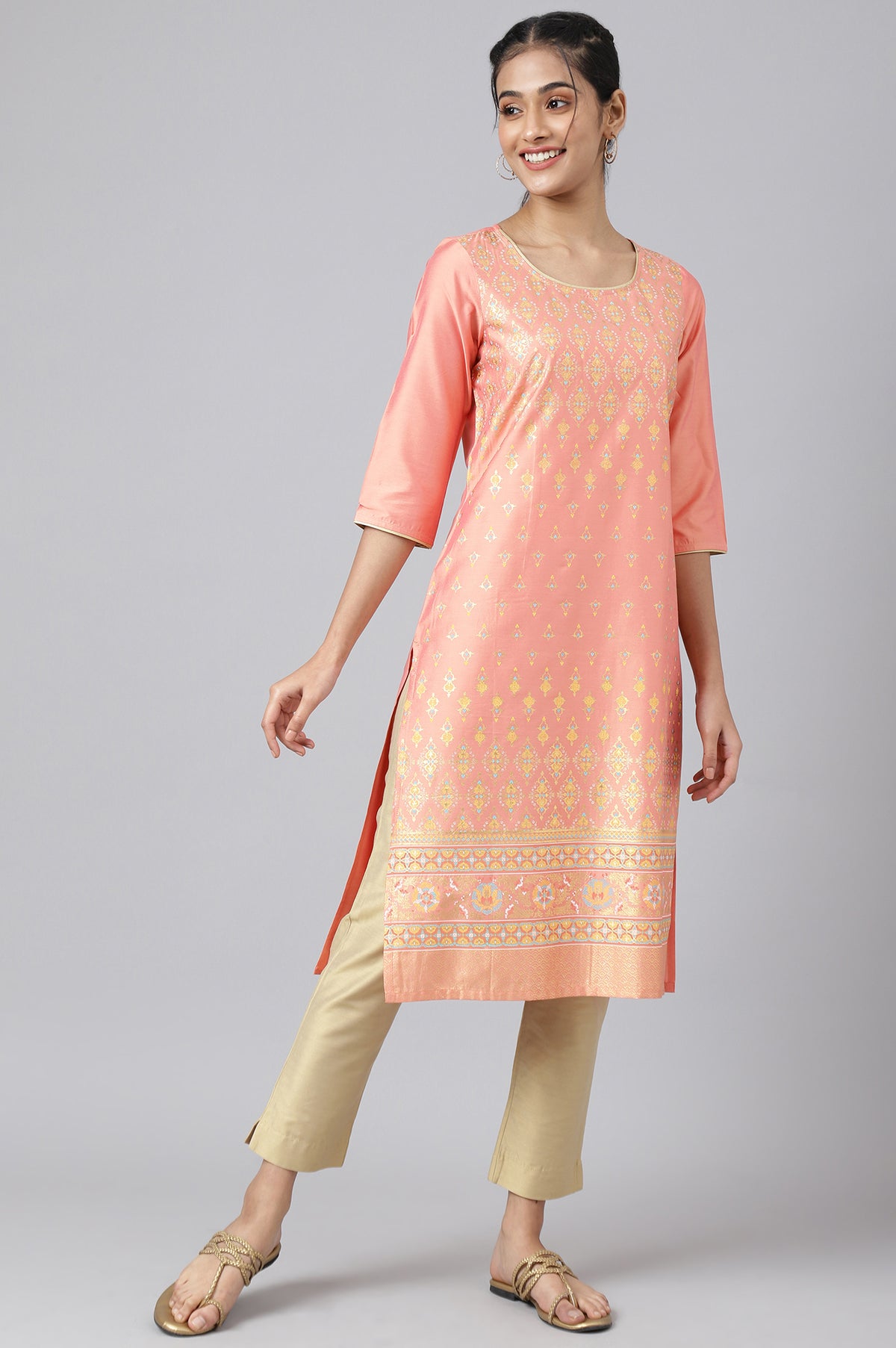 Peach Foil Printed Sequined kurta - XS