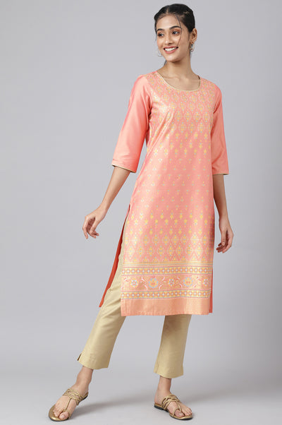 Peach Foil Printed Sequined kurta