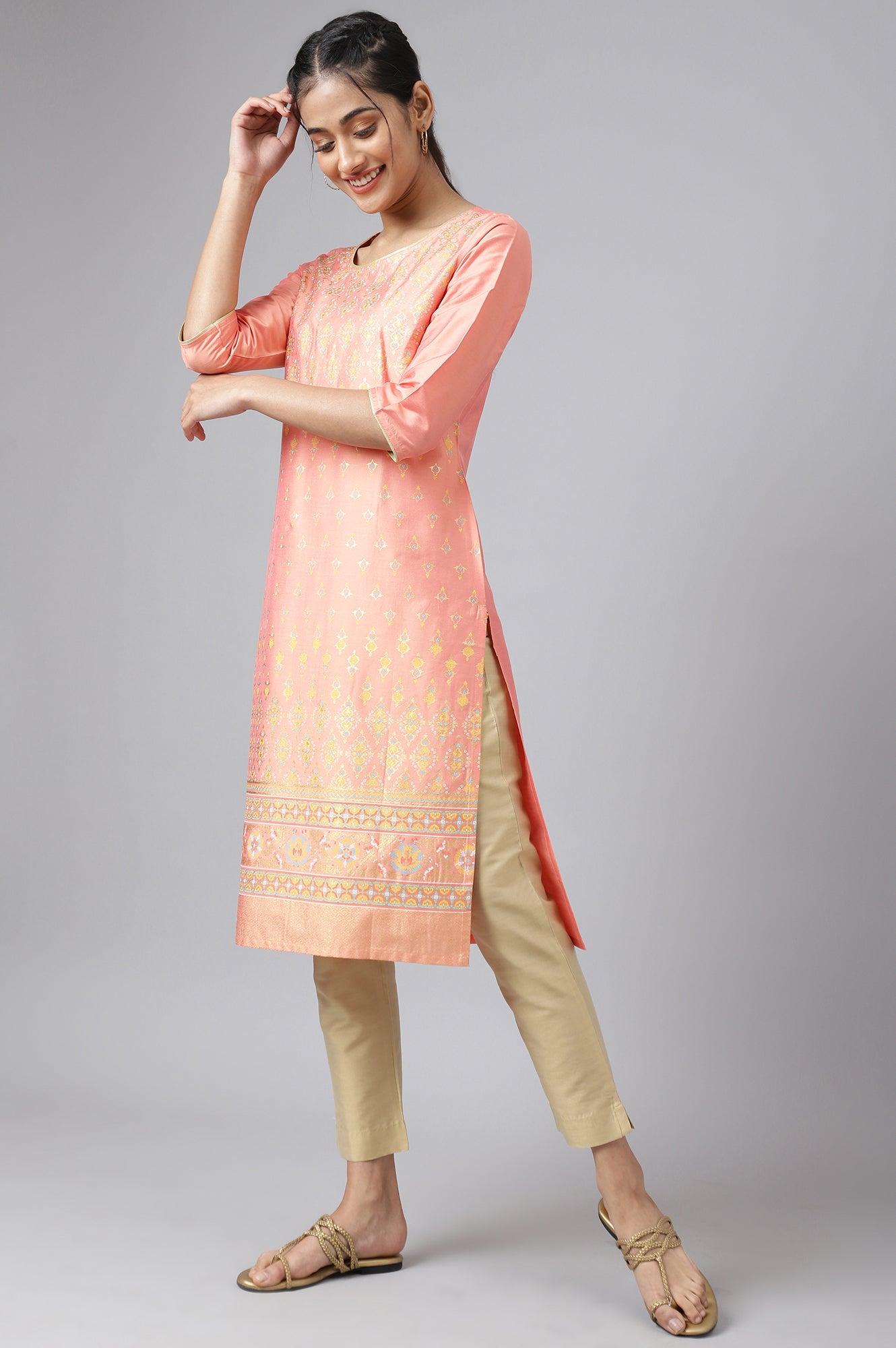 Peach Foil Printed Sequined kurta