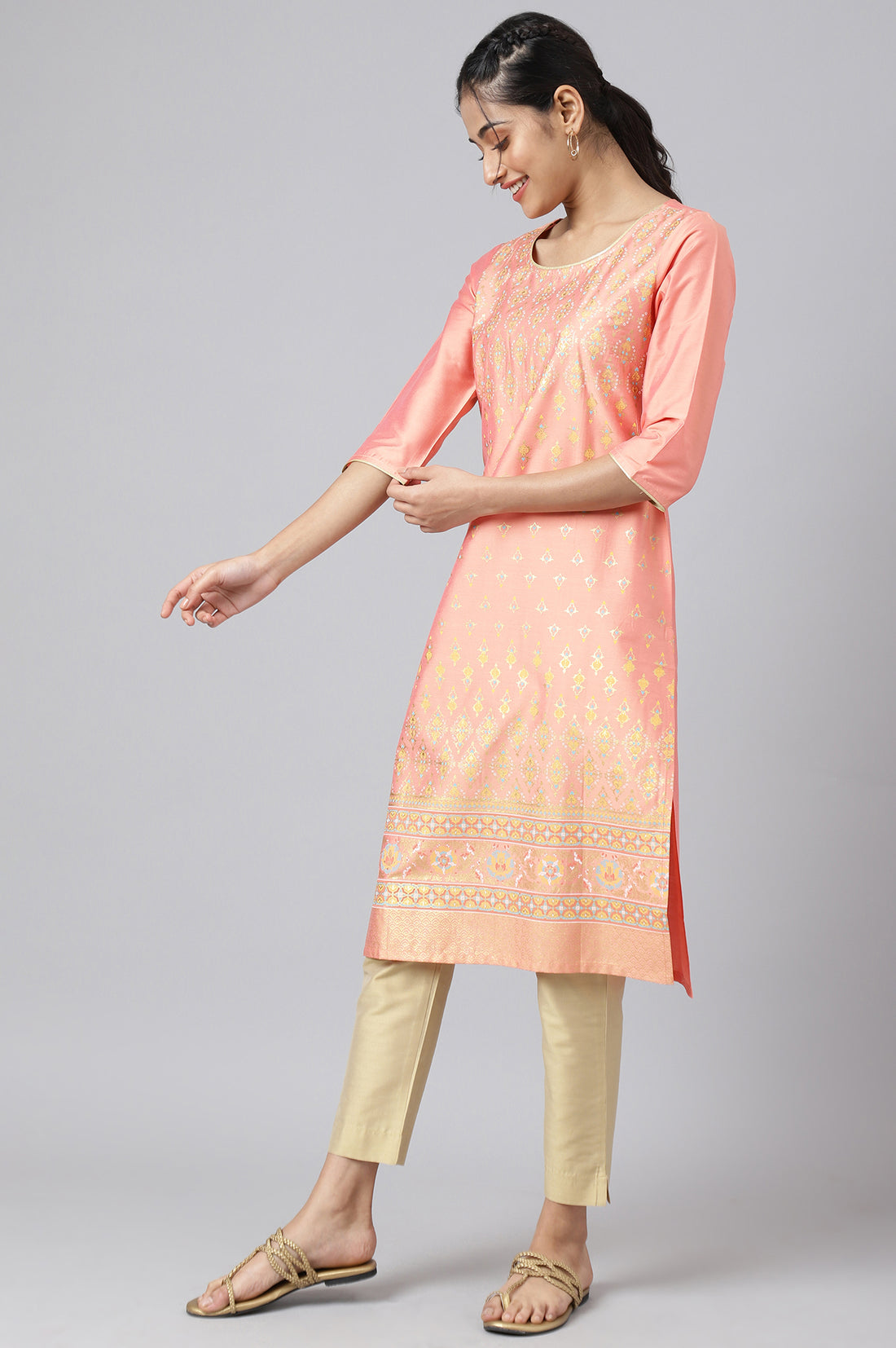Peach Foil Printed Sequined kurta