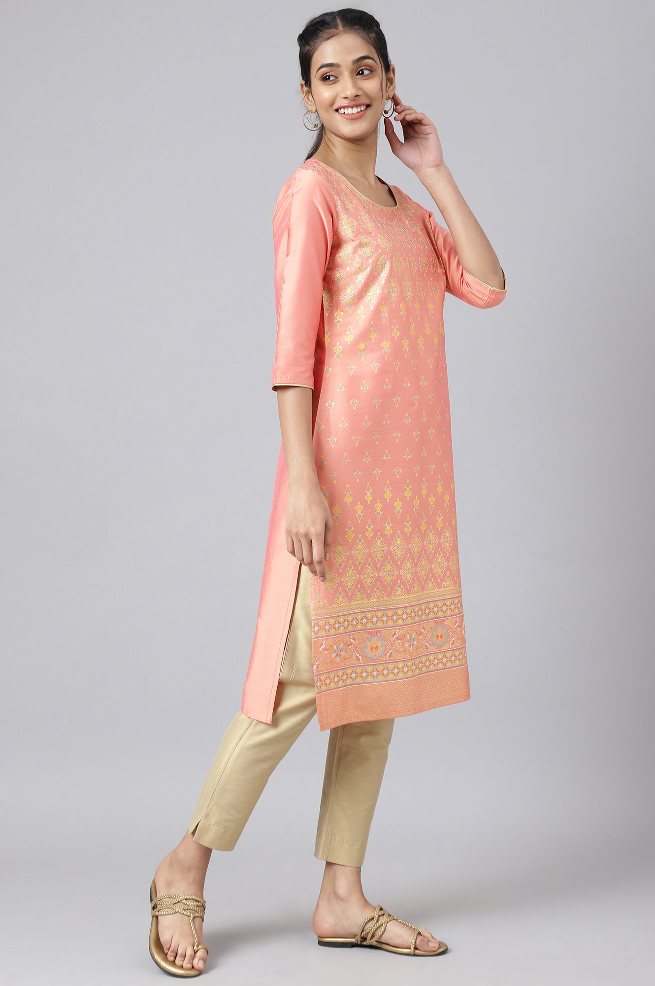 Peach Foil Printed Sequined kurta