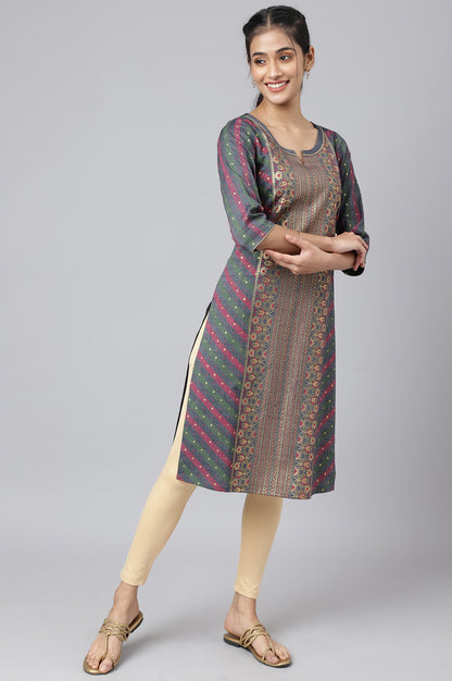 Grey Floral Printed Sequined Ethnic kurta