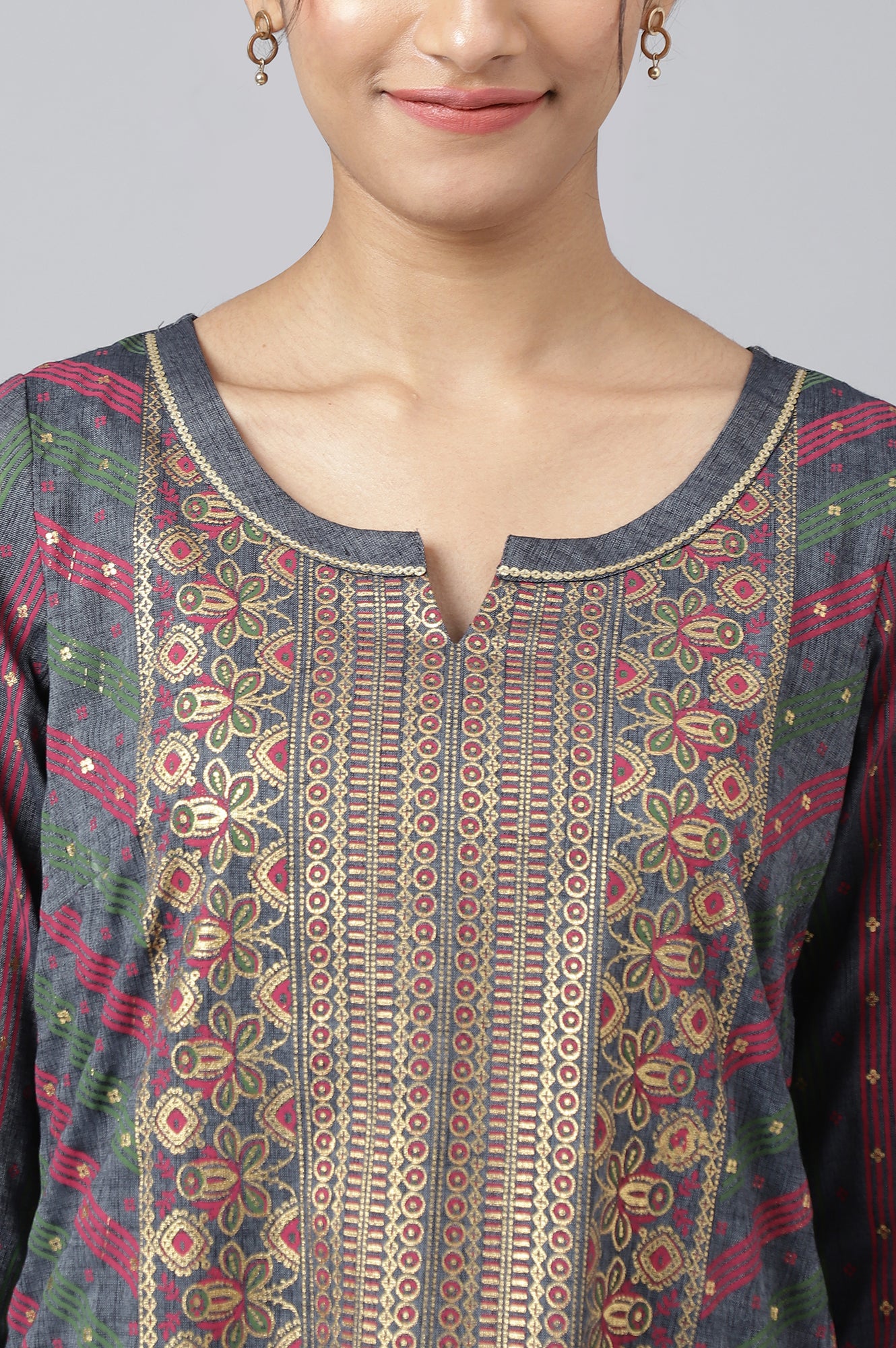 Grey Floral Printed Sequined Ethnic kurta