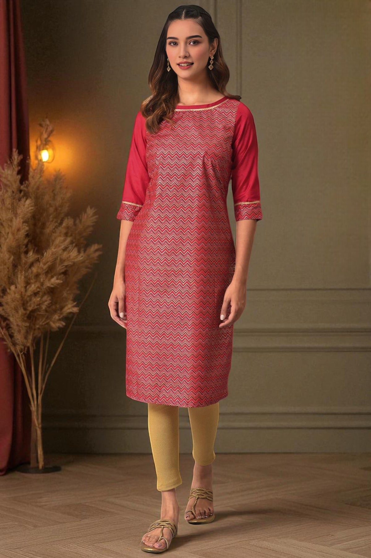 Red Printed Round Neck kurta With Lace Detail - XS