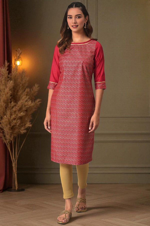 Red Printed Round Neck kurta With Lace Detail