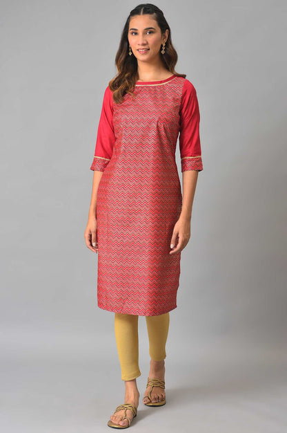 Red Printed Round Neck Kurta With Lace Detail