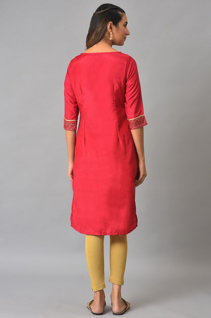 Red Printed Round Neck Kurta With Lace Detail