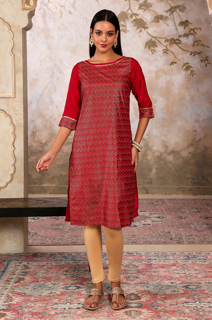 Red Printed Round Neck kurta With Lace Detail