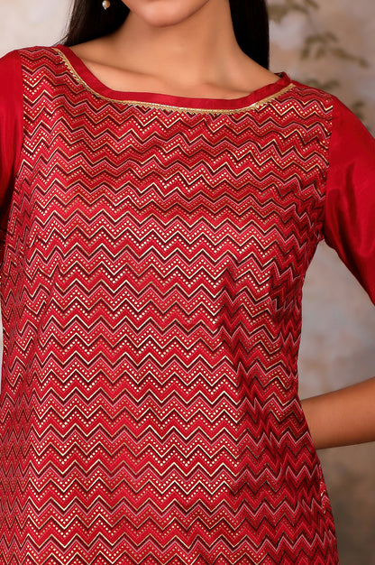 Red Printed Round Neck kurta With Lace Detail