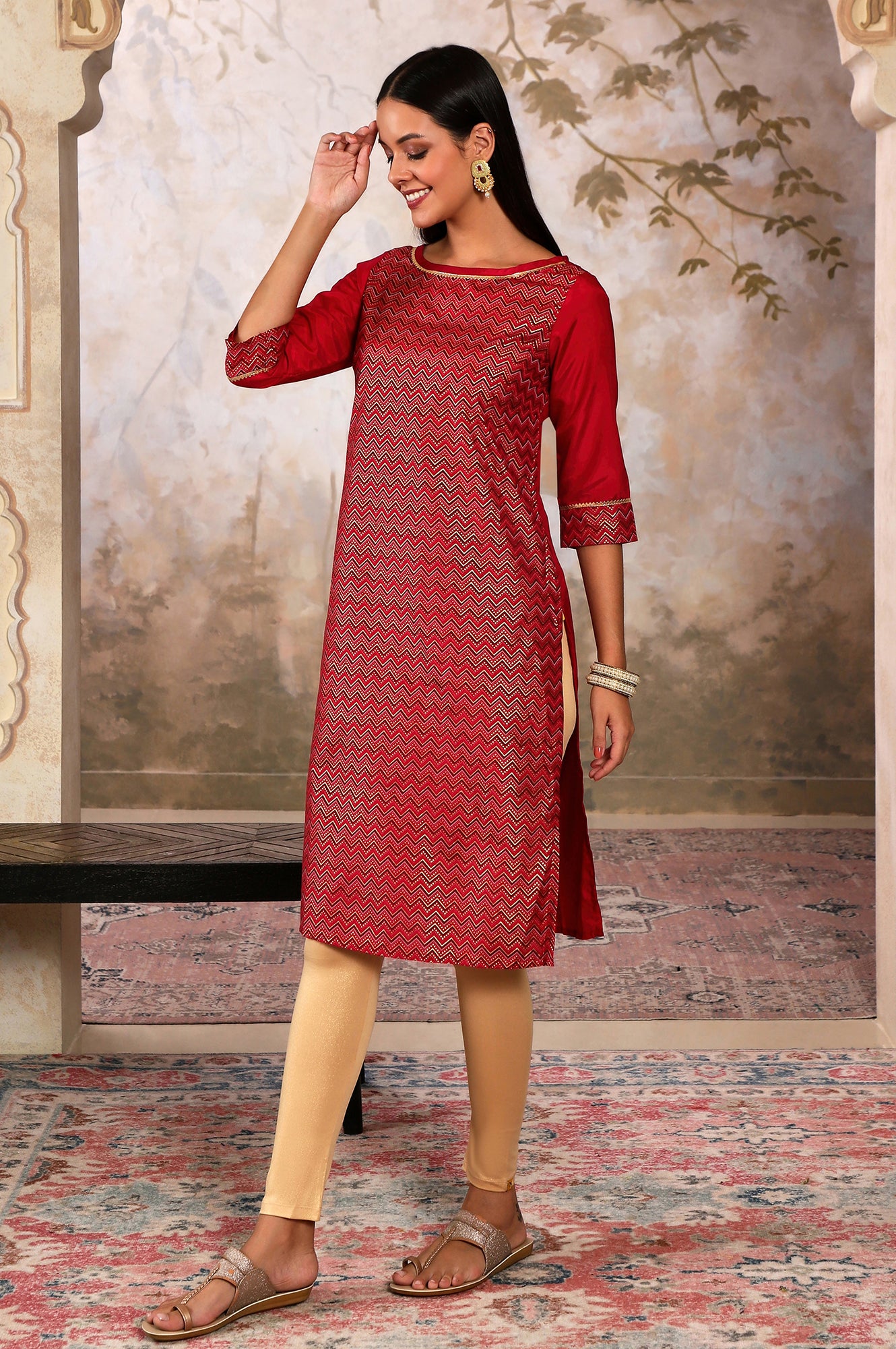 Red Printed Round Neck kurta With Lace Detail