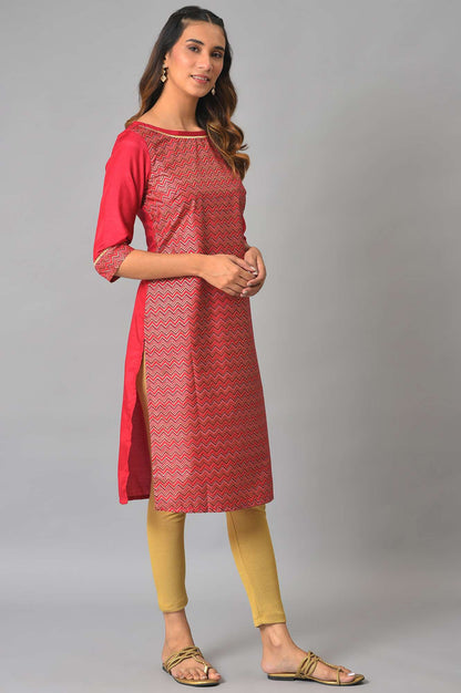 Red Printed Round Neck Kurta With Lace Detail