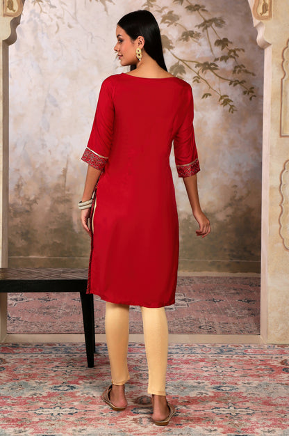 Red Printed Round Neck kurta With Lace Detail