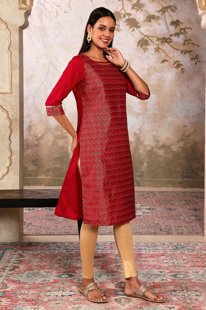 Red Printed Round Neck kurta With Lace Detail