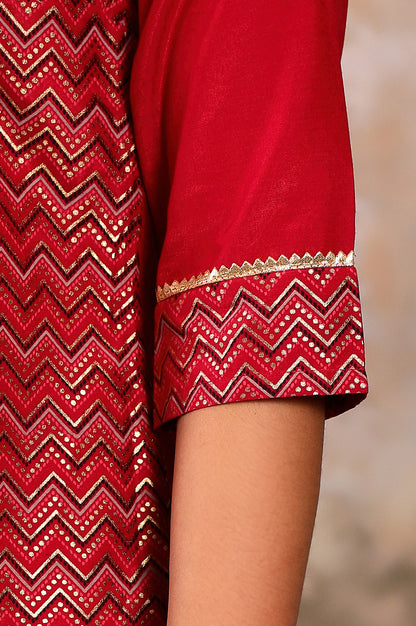 Red Printed Round Neck kurta With Lace Detail